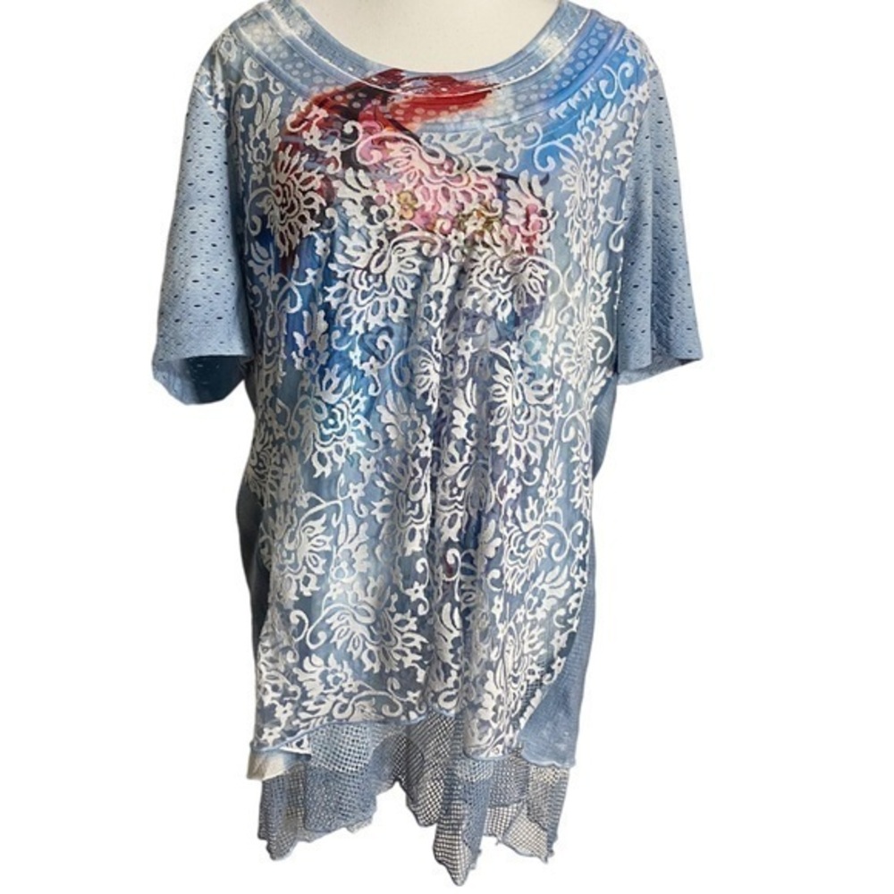 Ali Miles Blue Abstract Print Short Sleeve Top with Mesh